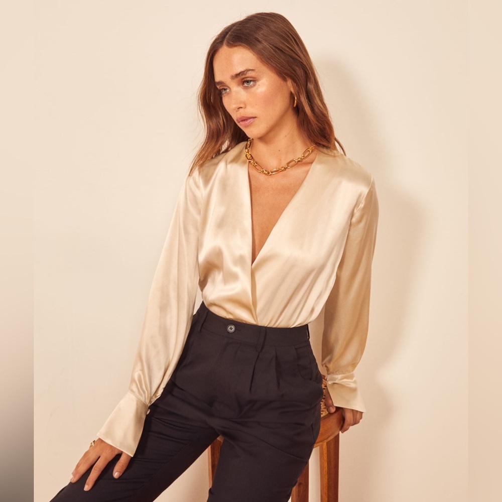 Reformation “Beverly” Silk Bodysuit, Cream, Medium